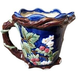 T5 WanJiang Nouveau Majolica Pitcher Pot 6 Inch CBK Ltd 1991 Blue Raspberrys